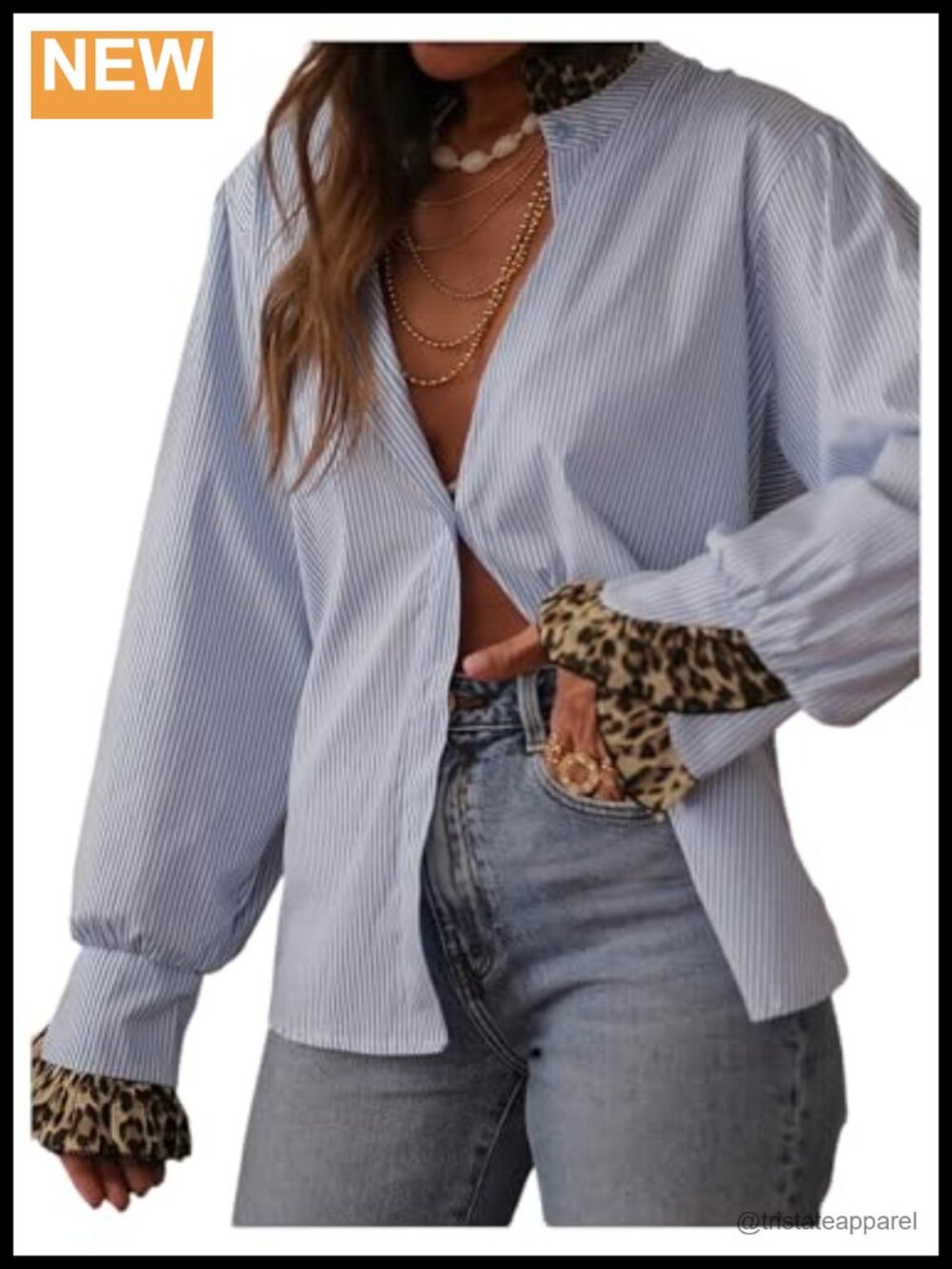 Women's Striped Leopard Print Blouse - Ruffle Trim Button Down Long Sleeve